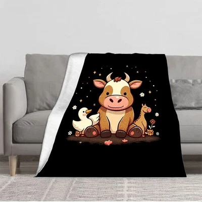 Cozy Flannel Blanket with Cartoon Cow Duck & Horse Design - Soft Warm Perfect  - Image 1 of 4