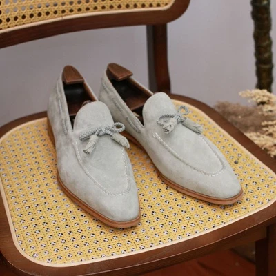 Mocassim de borla de couro camurça real masculino italiano casual sapatos sociais britânicos - Imagem 1 de 4