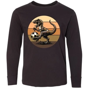 Inktastic Dinosaur Soccer Retro Sunset Youth Long Sleeve T-Shirt Future Player - Picture 1 of 3