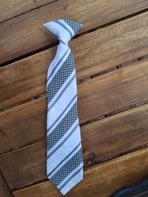 Boys Clip On Tie Grey And White Stripes Tie 10.25 Inches Long 2 Inches Wide - Image 1 of 2