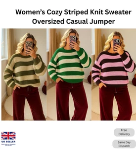 Maglione donna maglia a righe maglione accogliente donna NUOVO maglione casual oversize - Foto 1 di 18