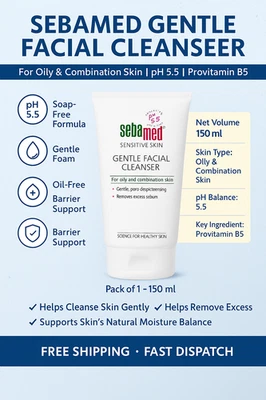 Limpiador facial suave Sebamed 150 ml | Jabón facial pH 5,5 para piel grasa con B5 Foto 1 de 4