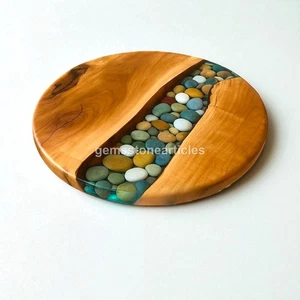 pebble epoxy coffee table top handmade natural wood resin round furniture art - Picture 1 of 11