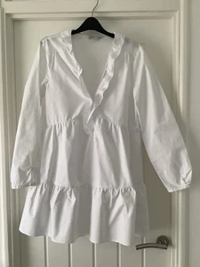 Zara White Long Sleeve Frill Neck Button Detail Tiered Dress Size M - Picture 1 of 4