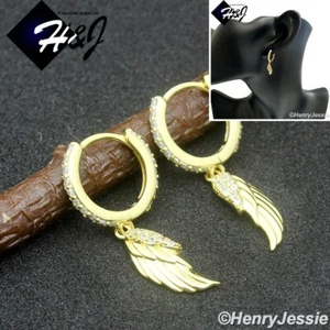 MEN WOMEN 925 STERLING SILVER ICY CZ WING GOLD PLATED DANGLE HOOP EARRING*GE272 - Picture 1 of 5
