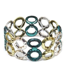 Bracciale Elastico Stile Vintage Metallo Ovale Cerchio Link Elastico Patina Rustico - Foto 1 di 1
