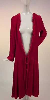 FLAPPER 1920’S RASPBERRY RED SILK VELVET COAT W RUFFLED NECKLINE + VELVET TIES - Image 1 of 4