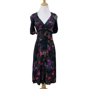 Plenty Tracy Reese Midi Dress XSP Petite Back Zip Round Buttons Puff Sleeve Geo - Picture 1 of 15