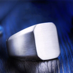 Elegant Brushed Faced Square Wedding Ring Men's Titanium Biker Signet Band Ring - Picture 1 of 2