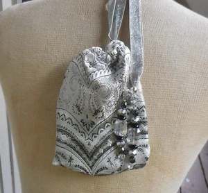 Wende Silber Brokat Silber Samt Kordelzug Tasche Beutel Kalbsleder Handtasche - Bild 1 von 9