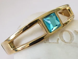 Vintage Clamper Armband blaues Glas facettierter Stein goldfarben Metall - Bild 1 von 10