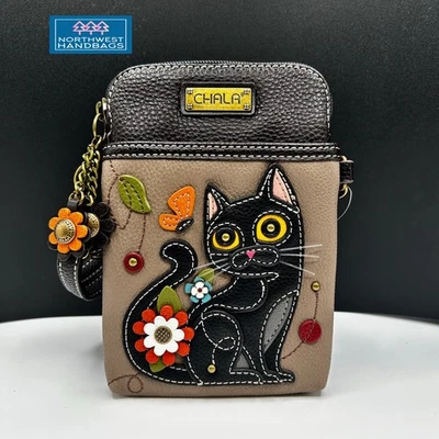 BLACK CAT FLOWER CELLPHONE CROSSBODY PURSE WARM GRAY CHALA - Image 1 of 4