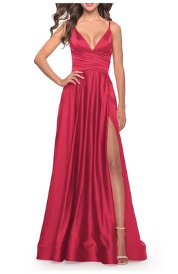 Новый с Ярлыками La Femme красный длинный атласное платье стороны разрез бальное платье праздник официальный размер 8 $408 - Изображение 1 из 4