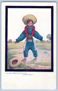 1905 BERNHARDT WALL LEAP FROG OVERALLS BOYS STRAW HATS ANTIQUE POSTCARD - Picture 1 of 2