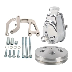 For SBC Chevy Polished Power Steering Pump & Aluminum Bracket & 2 Groove Pulley - Foto 1 di 12