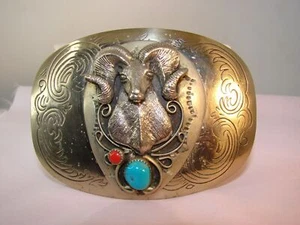 BIG German Silver Turquoise & Coral Detailed Ram Belt Buckle Zodiac Truck Rare - Picture 1 of 9