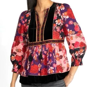 Johnny Was Kimmy Peasant Top Floral Velvet Embroidered Blouse Pink Black Size S - Picture 1 of 16