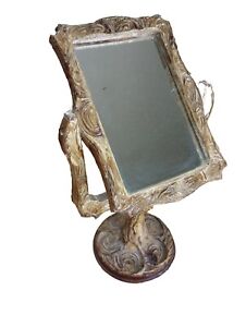 Vintage Ornate Wood Style Swivel Tabletop Vanity Mirror  7"X13"