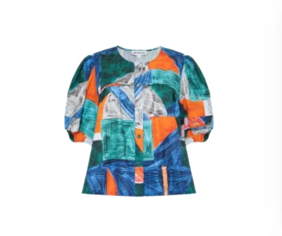 Hunter Bell Leanna Blouse Top Shirt Womens XL Blue Orange Puff Sleeve Cotton - Image 1 of 4