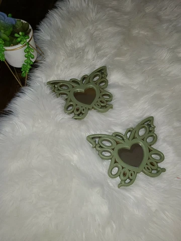 Vintage HOME Interior Green Wall Heart Mirror Butterflies USA 2pc lot Cover
