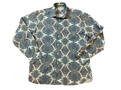 Paul Frederick Dress Shirt Mens Large Blue Paisley Floral Trim Fit Roll Cuff EUC - Image 1 of 4