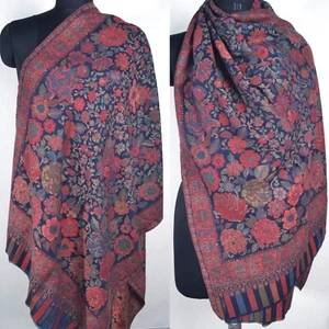 Bufanda azul oscuro detallada Kani Jamawar tejida a mano 100 % cachemir pashmina suave - Imagen 1 de 10