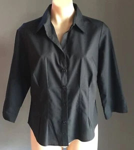 MARKS & SPENCER Black Shirt 3/4 Sleeve Fitted Top Ladies Size Petite 16 Retro - Picture 1 of 5