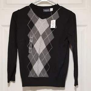 THE CHILDREN'S PLACE Boys Sweater Medium 7 - 8 Argyle Black Youth V Neck - Picture 1 of 4