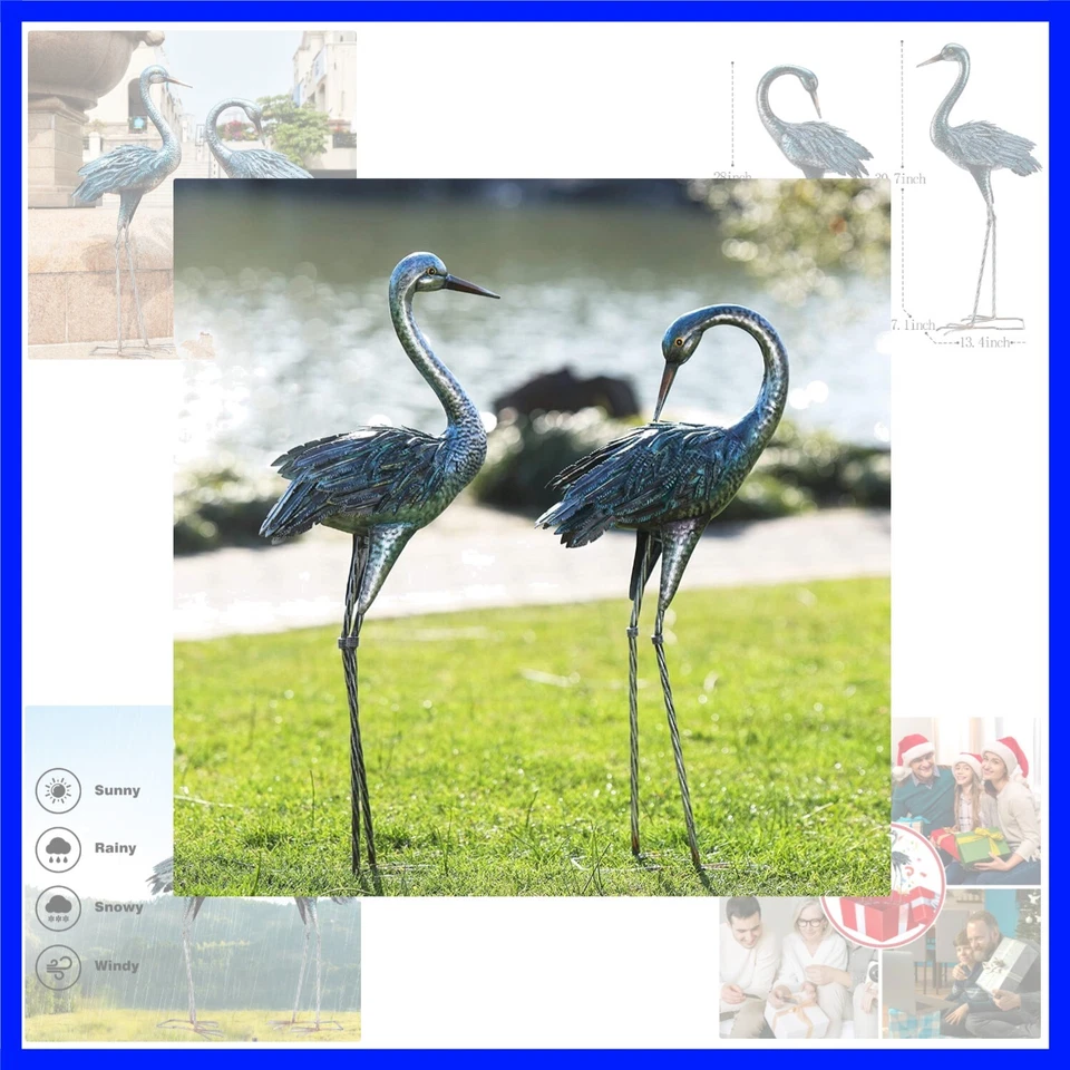 Garden Crane Statue of 2 Metal Heron Decoy Sculptures for Lawn Patio Decor