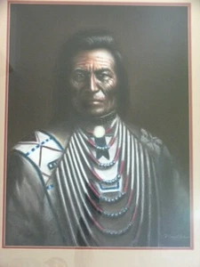 "Blackfoot" Chief Native American Pastel/Crayon Original Painting Signed Mueller - Picture 1 of 5