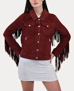 Burgundy Suede Fringe Leather Jacket for Women Biker Size S M L XL XXL CM - Picture 1 of 9