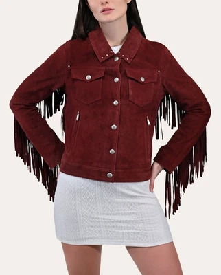 Burgundy Suede Fringe Leather Jacket for Women Biker Size S M L XL XXL CM - Image 1 of 4