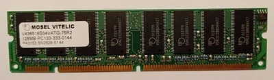 Vintage Mosel Vitelic 128  MB 168-pin PC133 SDRAM DIMM memory module - Image 1 of 2