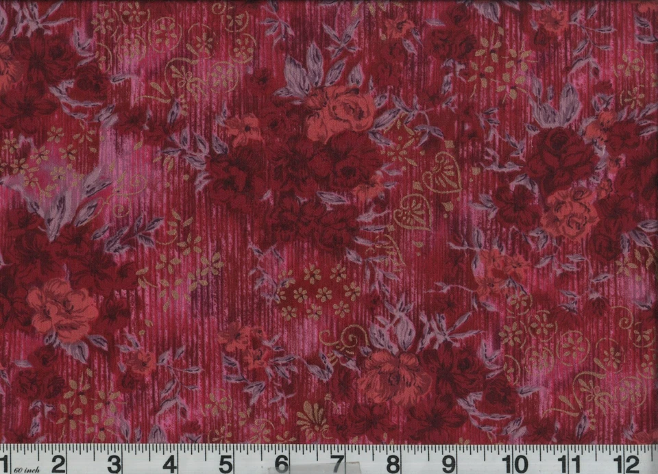 1 Yard Fabric Floral Pink Flowers Metallic Cotton 44" Wide Vintage 1960s 70s - Image 1 of 1