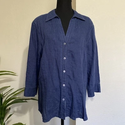 Top de lino azul Eddie Bauer para mujer XLT con botones inserción de encaje 3/4 Slv playa costera Foto 1 de 4