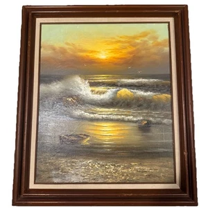 Ozean Wellen Sonnenuntergang Meereslandschaft Ölgemälde von Hieronymus Stevens signiert gerahmt 30”x26” - Bild 1 von 8