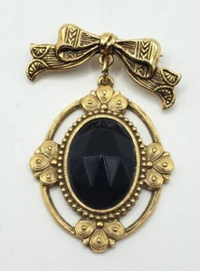 Vintage Victorian Deco Bow Dangle Cabochon Gold Tone Pin Brooch - Picture 1 of 5