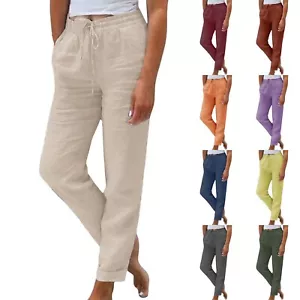 Women's Casual Pants Summer Elastic High Waisted Solid Color Loose Trousers - Picture 1 of 51