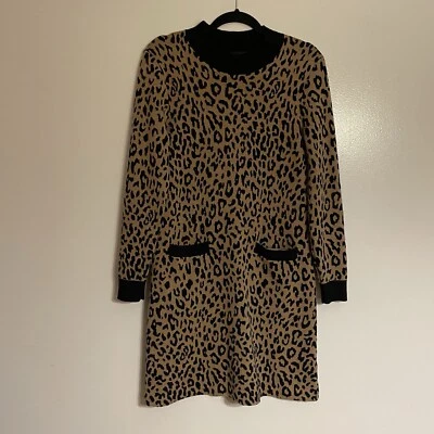 J.Crew Sz M Leopard Print Wool Blend Pockets Long Sleeve Mock Neck Sweater Dress - Image 1 of 4
