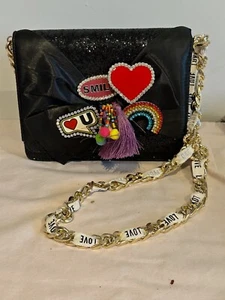 Aldo Tricase Evening Bag - Glitter Black - Chain - Bow / Enamel Badge / Charms - Picture 1 of 8