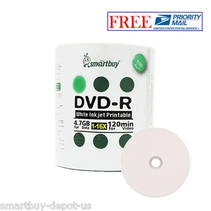 100 Pcs SmartBuy DVD-R DVDR 16X 4.7GB White Inkjet Hub Printable Recordable Disc - Afbeelding 1 van 3