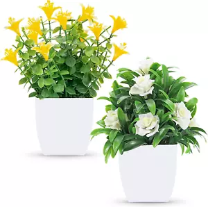 2 Pack Fake Plants Mini Artificial Faux Plants with Flowers for Home Office Tabl - Picture 1 of 6