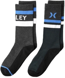 Hurley Kids 2 Pk Grey Blue Crew Polyester Cushion Stripe Logo Sock Set M 5Y-7Y - Picture 1 of 4