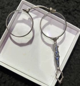 Antique Art Deco Sterling Silver & Blue Enamel Lorgnette Folding Opera Glasses - Picture 1 of 7
