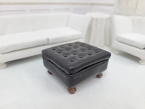 Dollhouse Miniature Foot Stool Large Ottoman Black Faux Leather Tufted Piping - Picture 1 of 5