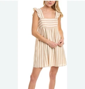 Draper James gesmokt gestreift hellbraun weiß Leinen 3X Minikleid Bauernmilch Zofe - Bild 1 von 9
