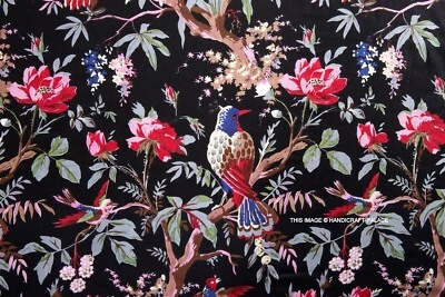 Tela estampada de pájaros negros de 5 yardas de algodón con estampado de sanganeri natural indio Foto 1 de 3