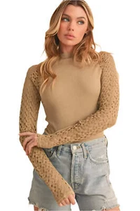 Aemi+Co Mock Neck Ribbed Knit Top with Crochet Sleeve - Picture 1 of 7