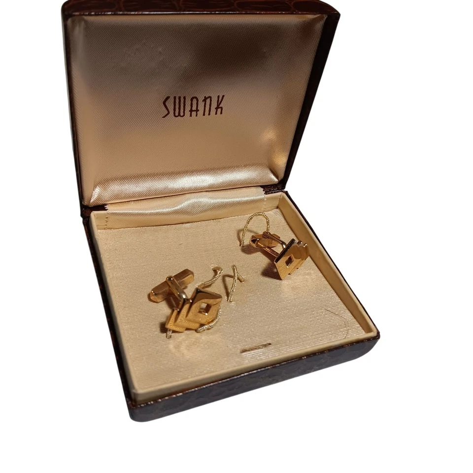 Juego de Gemelos Vintage Swank Tono Dorado Original Estuche de Cuero Sintético Marrón Foto 1 de 4