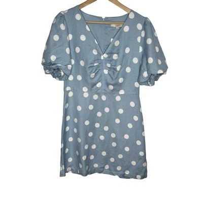 Loft Short Sleeve Linen Blend Mini Dress 6 Blue White Polka Dot 2025 Style  - Image 1 of 4